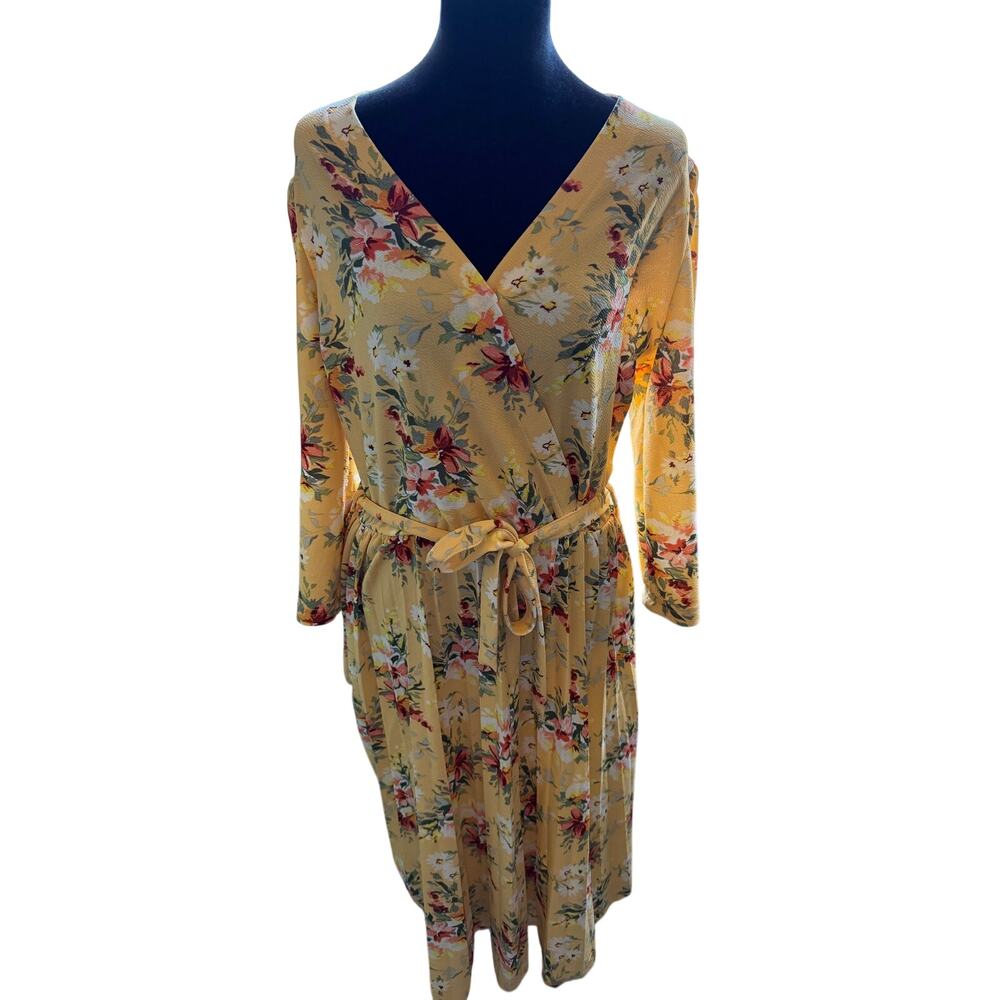 Lark and Grey XL Sunny Yellow Multicolor Floral Long Sleeve Wrap Dress